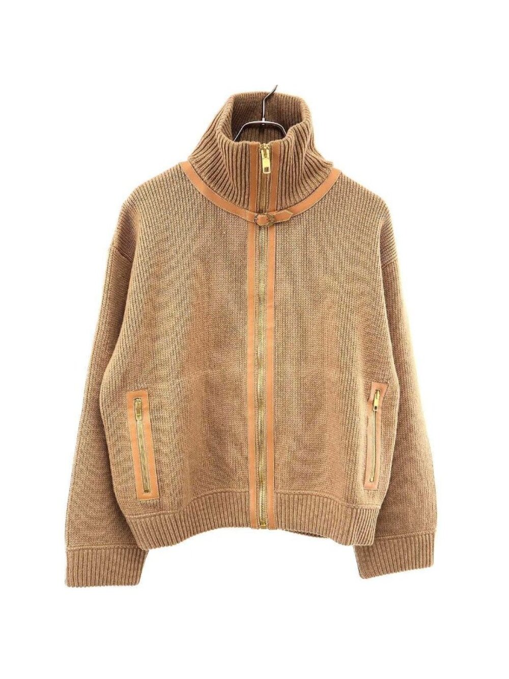 Gucci Garden Leather Camel Zip Up Knit Sweater Brown XS
